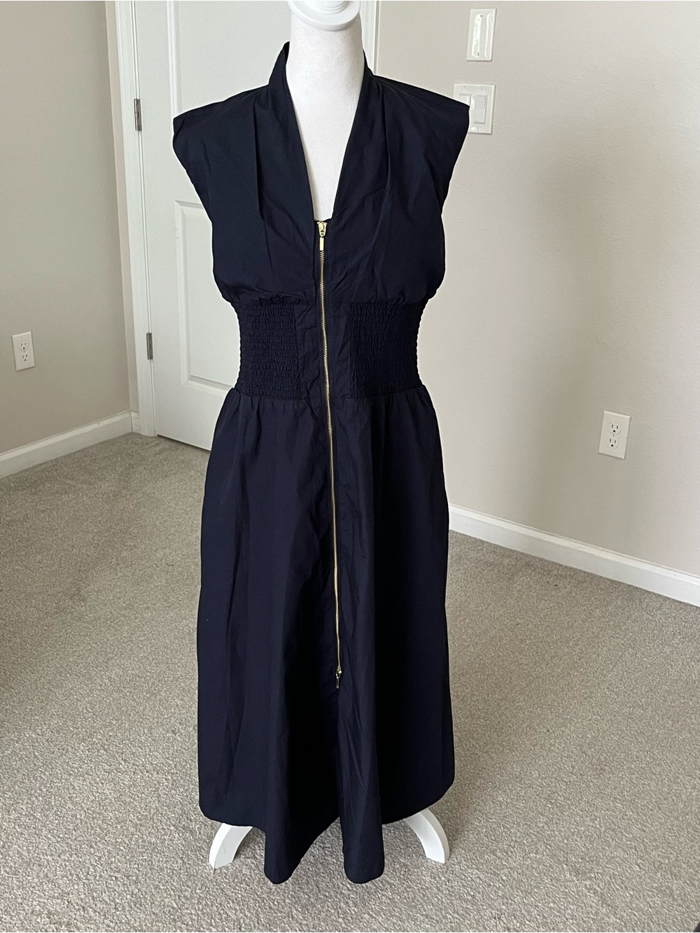 NWT Quince 100% Organic Cotton Poplin Sleeveless Zip Midi Dress-Navy Size Small